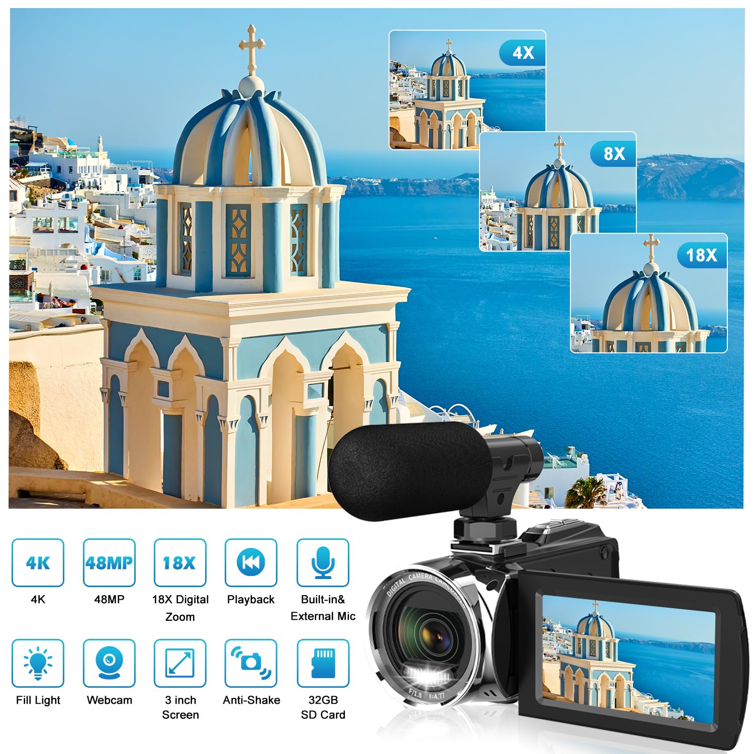 Weochi Video Camera Camcorder Hd 4K 48Mp Digital Cameras Recorder For Youtube Tiktok 3 Inch 270 Degree Rotation Screen 18X Zoom